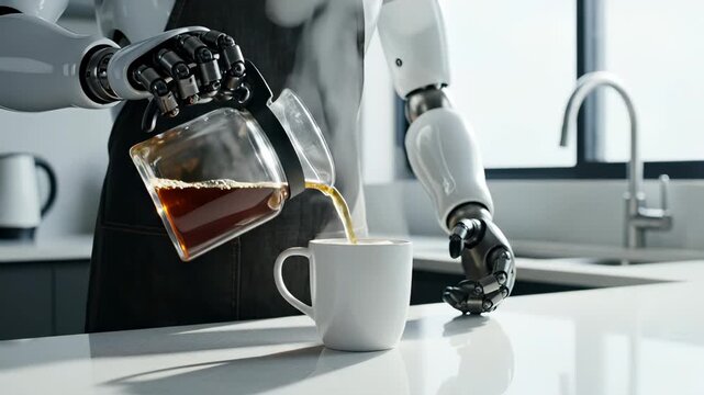 Robot pours coffee from pot into cup. Robotic arm serves coffee in kitchen. Machine prepares beverage at counter. Robot makes coffee with artificial intelligence. Future automation in kitchen.