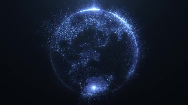 Glowing digital Earth made of blue particles rotating in space, big data, digital clouds. Global network connection and data connections concept. Communication technology global world network.
