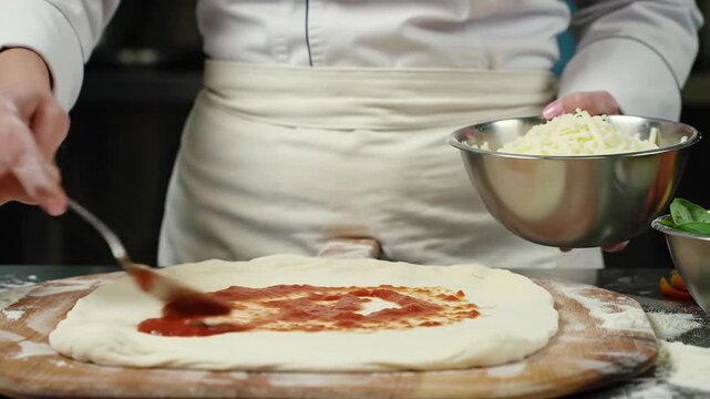 Professional chef in crisp uniform meticulously spreads red San Marzano tomato sauce on pizza dough on a rustic peel, MCU push-in video with creamy bokeh. Culinary artistry concept