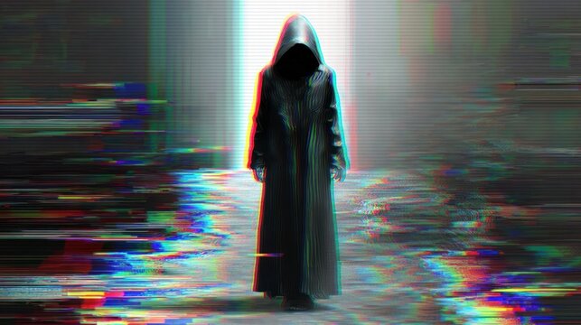 Mysterious hooded figure stands in a glitching, ethereal pathway. The background is blurred