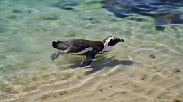 A sleek african penguin with black and white plumage swims effortlessly in shallow turquoise ocean, then wades onto golden sand beach. High angle wide video, serene natural beauty