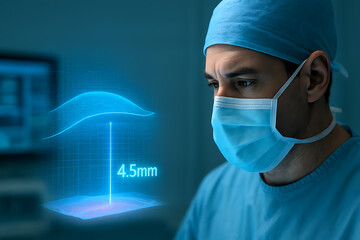 Professional surgeon analyzing a 3D digital hologram of brain waves and precise 4.5mm measurements for advanced neurosurgery planning in a high tech hospital
