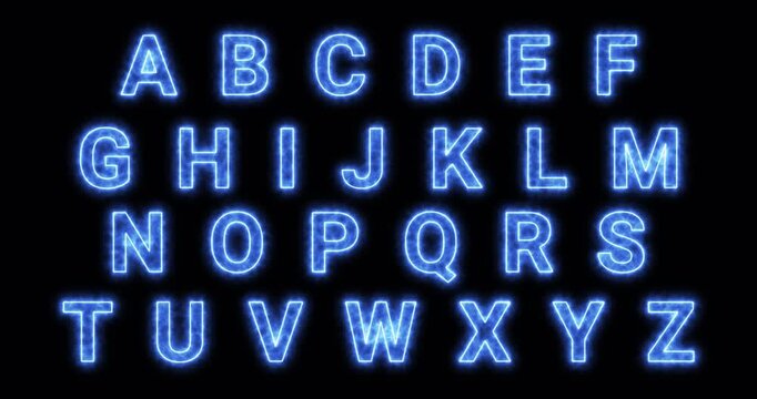 Glowing neon blue alphabet letters from A to Z on a black background, with capital letters. Electric typographic animation for futuristic headlines, technology themes, and digital design.