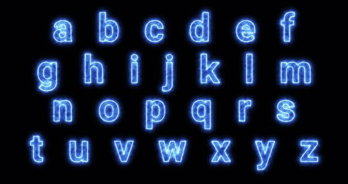 Glowing neon blue alphabet letters A to Z on black background, electric typography animation for futuristic titles, technology themes, and digital design.