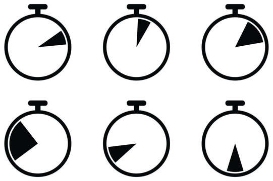 Six different timer icons with black segments representing various time intervals isolated on transparent background