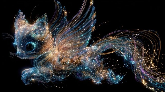 A whimsical, ethereal kitten with luminous wings and tail, composed of sparkling, flowing particles, leaps across a dark background