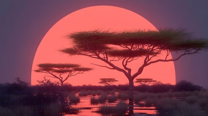 Vibrant Red Sunset Over African Savannah Landscape with Acacia Trees and Water