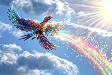 Obraz premium A magical phoenix bird, radiant with colorful feathers, soars through the sky, leaving a trail of shimmering rainbows in its wake.