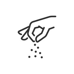 Hand sprinkling material, linear icon. Granules, seasoning, or distribution action. Line with editable stroke.