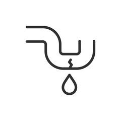 Leaking pipe with water drop, linear icon. Plumbing problem and water leak. Line with editable stroke.