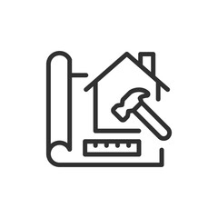 House with blueprint and hammer, linear icon. Home renovation and construction planning. Line with editable stroke.