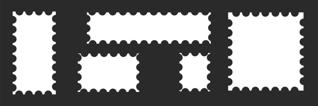 Postage stamp border frame, blank vintage postcard template with rectangle and square shapes, paper letter and mail design, vector illustration with envelope and sticker