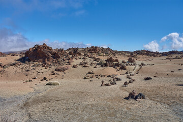 Martian landscape of Las Minas de San Jose with volcanic sand and black rocks in Teide National Park, Tenerife
