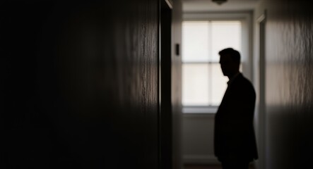 Fototapeta premium Silhouette eines Mannes in dunklem Flur mit Licht am Ende geheimnisvolle und dramatische Stimmung