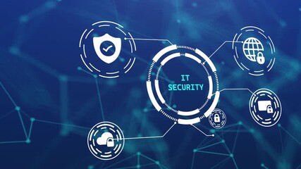 IT security concept with digital HUD interface and icons for information technology, data protection, and network safety on blue background. - Powered by Adobe