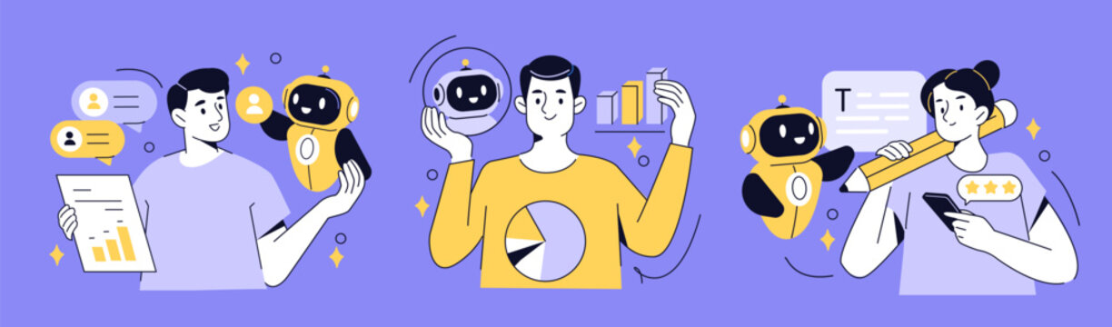 Characters using AI services in their daily work and prompting, evaluating outputs, improving productivity. Vector outline illustration.