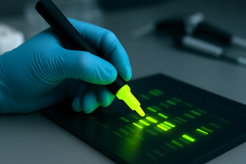 Gloved hand using a glowing neon green electronic stylus on a digital DNA sequencing screen for genomic data analysis in a dark laboratory