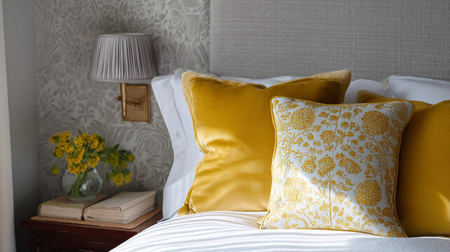 Cozy bedroom interior featuring inviting bed with yellow velvet pillows, patterned cushion, nightstand, and elegant wall sconce
