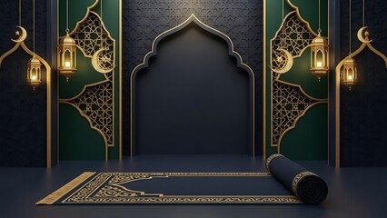 Elegant Islamic Background with Arch, Golden Lanterns, Crescent Moon, and Prayer Rug for Ramadan