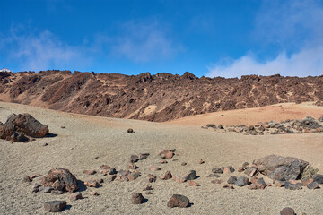 Martian landscape of Las Minas de San Jose with volcanic sand and black rocks in Teide National Park, Tenerife