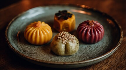 Colorful Assortment of Traditional Dumplings Served on a Rustic Plate in Natural Light Perfect for Culinary and Food Photography