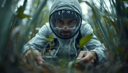 A serious environmental scientist wearing protective gear carefully examines plant life in a dense natural environment.