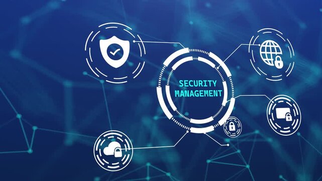 Security management concept with digital HUD interface and icons for corporate data protection, system administration, and network oversight on blue background