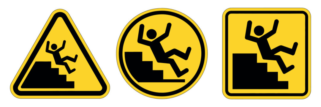 Falling Off Stairs Warning Sign Vector - Slippery Surface Caution Symbol Featuring A Person Tripping Down Steps For Industrial Safety And Workplace Accident Prevention
