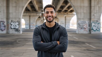 Confident young athletic man smiling at the camera with arms crossed. Portrait of a happy male in an urban city setting under a bridge