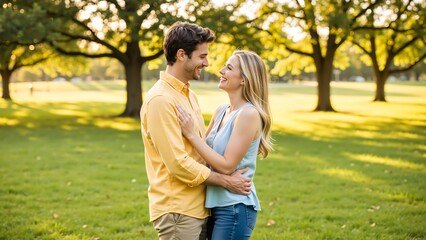 Fototapeta premium Happy young couple in love embracing in a park. Romantic man and woman smiling and looking at each other during a sunny golden hour