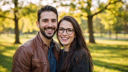 Fototapeta premium Happy young couple smiling for a portrait outdoors in a park. Loving man and woman with glasses enjoying a sunny day together