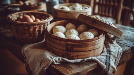 Freshly Steamed Dumplings in Bamboo Steamer Surrounded by Eggs and Rustic Kitchen Decor