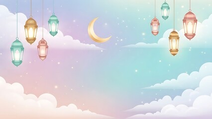 Festive Ramadan lanterns and golden crescent moon in a dreamy pastel sky with clouds