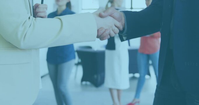 Animation of symbols and computer language over midsection of caucasian colleagues shaking hands