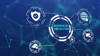 Enterprise protection concept with digital HUD interface and icons for corporate cybersecurity, large scale network safety, and data infrastructure defense - Powered by Adobe