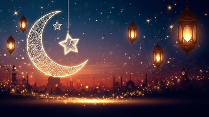 Glowing crescent moon, star, and lanterns illuminate an Islamic city skyline at night, a festive Ramadan and Eid celebration background.