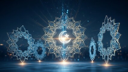 Glowing Islamic Geometric Patterns with Crescent Moon and Star on Dark Blue Background