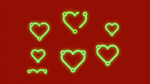 Hearts Abstract Outline and Points Texture Seamless Vector Heart Pattern animation with Connection Nodes on Red Background