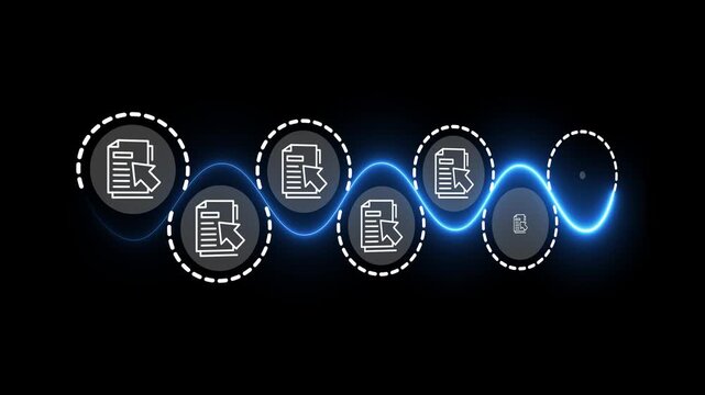 E document management concept on the black background. Online documentation database, paperless office idea. Storage, tracking and sharing digital documents. Motion graphics of online file. 4k video.