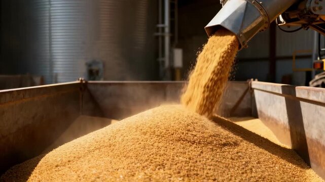 Medium shot of flowing grain cascading inside a silo cone highlighting the smooth discharge process with a mechanical unloader in an industrial setting.