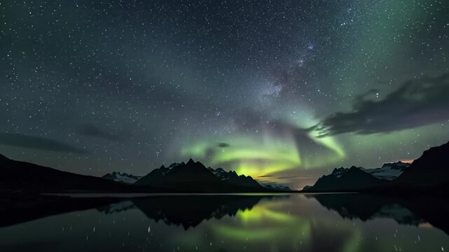 Breathtaking wide-angle dolly video of vibrant green, deep purple, fuchsia aurora borealis over a mirrored arctic lake with jagged mountains, serene natural wonder