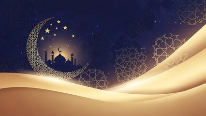 Golden Crescent Moon, Mosque Silhouette, Stars, and Desert Dunes for Islamic Celebration Night