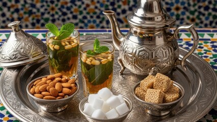 Traditional Moroccan mint tea served with nuts and sweets on ornate silver tray