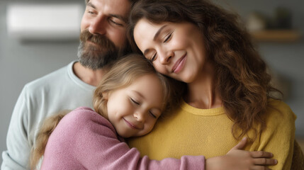 Fototapeta premium Faceless family enjoying cool air indoors, expressing relief and gratitude to technician, climate comfort appreciation, HVAC service satisfaction, defocused people comfortable, wit