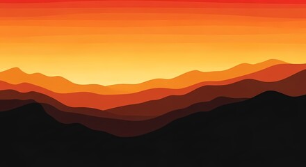 Obraz premium Sunset over layered mountain ranges with vibrant orange sky.