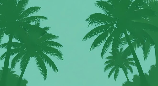 Silhouettes of palm trees against a green gradient sky background. - Powered by Adobe