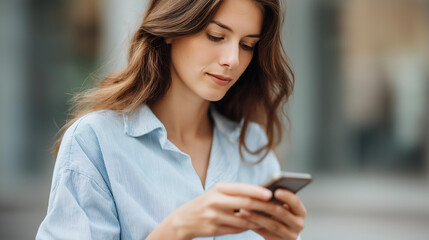 Faceless young woman checking her phone, mobile device usage, smartphone activity, technology interaction, casual phone checking, defocused person with mobile, with copy space