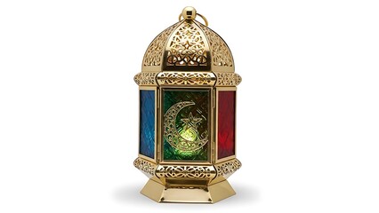 Golden Ramadan Lantern with Illuminated Crescent Moon and Star Symbol