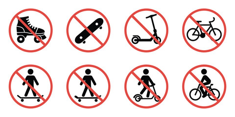 Roller Skate Silhouette Icon Vector Set Featuring Skateboard, Kick Scooter, Bike, and No-Skate Signs © Well Done