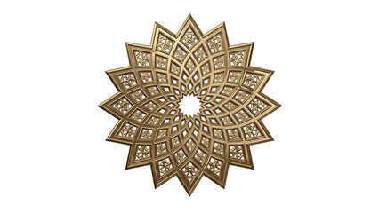 Golden ornate star-shaped geometric pattern isolated on white, intricate Arabic design